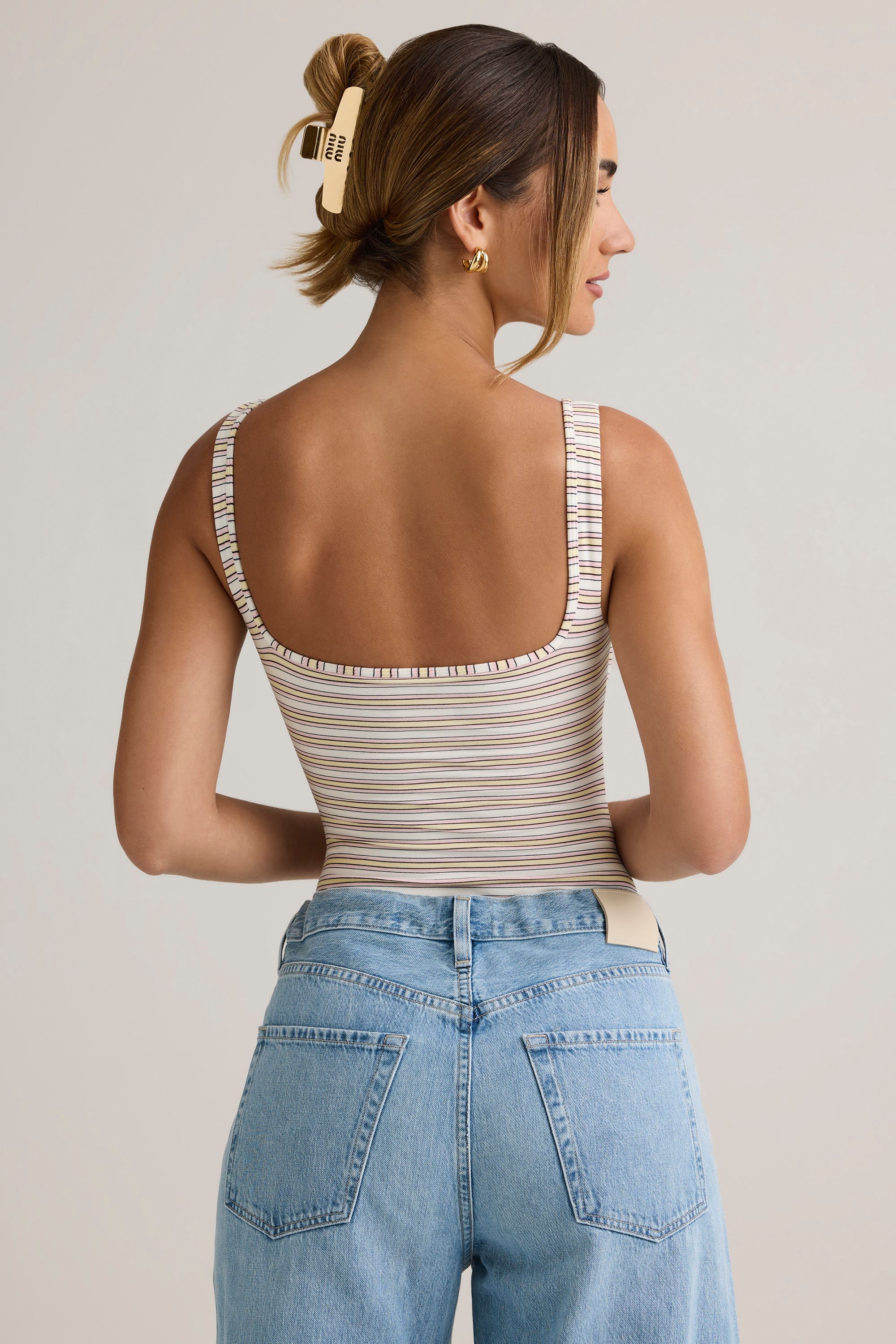 Modal Square-Neck Bodysuit in Pink & Yellow Stripe