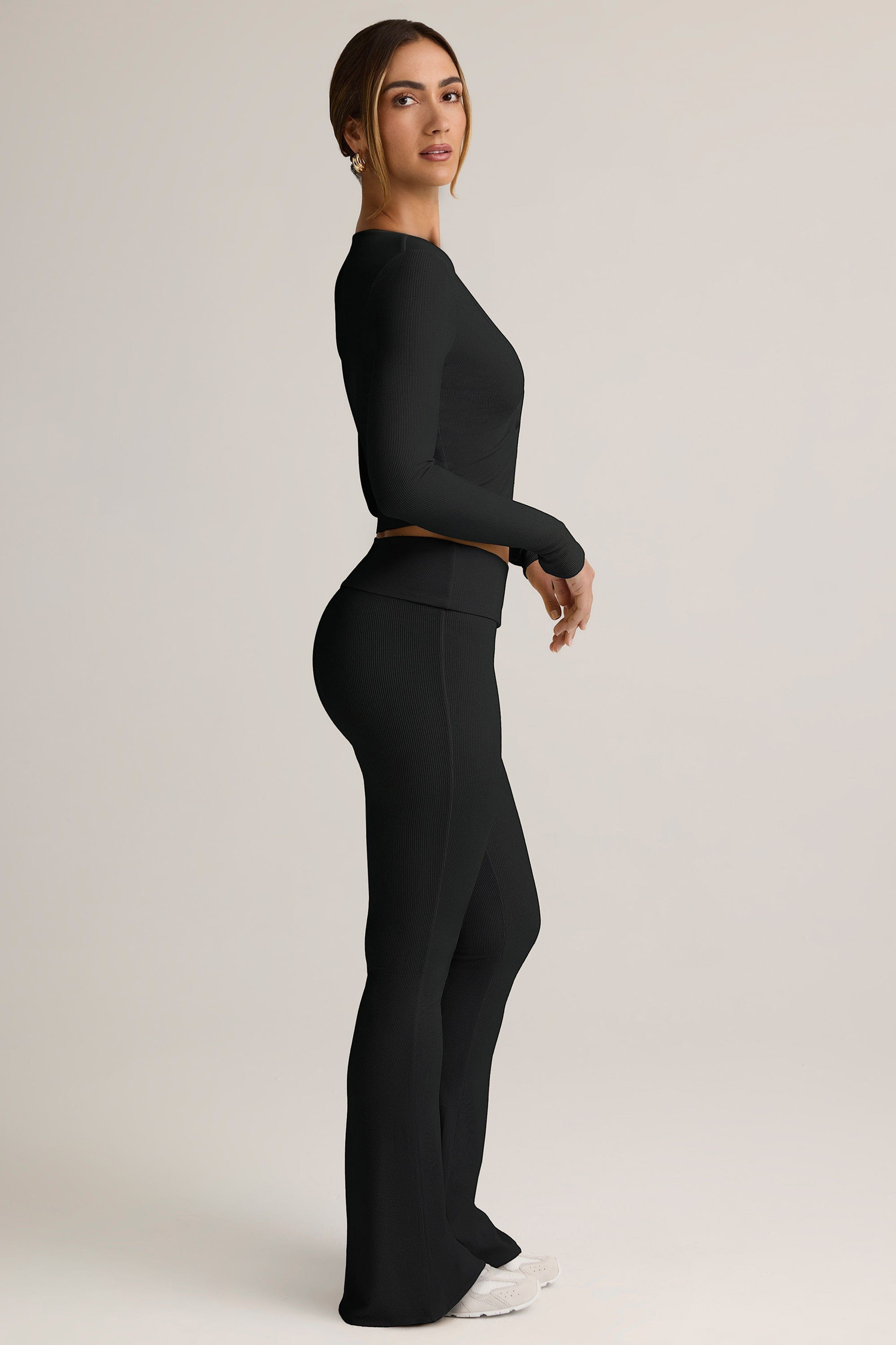 Modal Ribbed Foldover Flared Trousers in Black