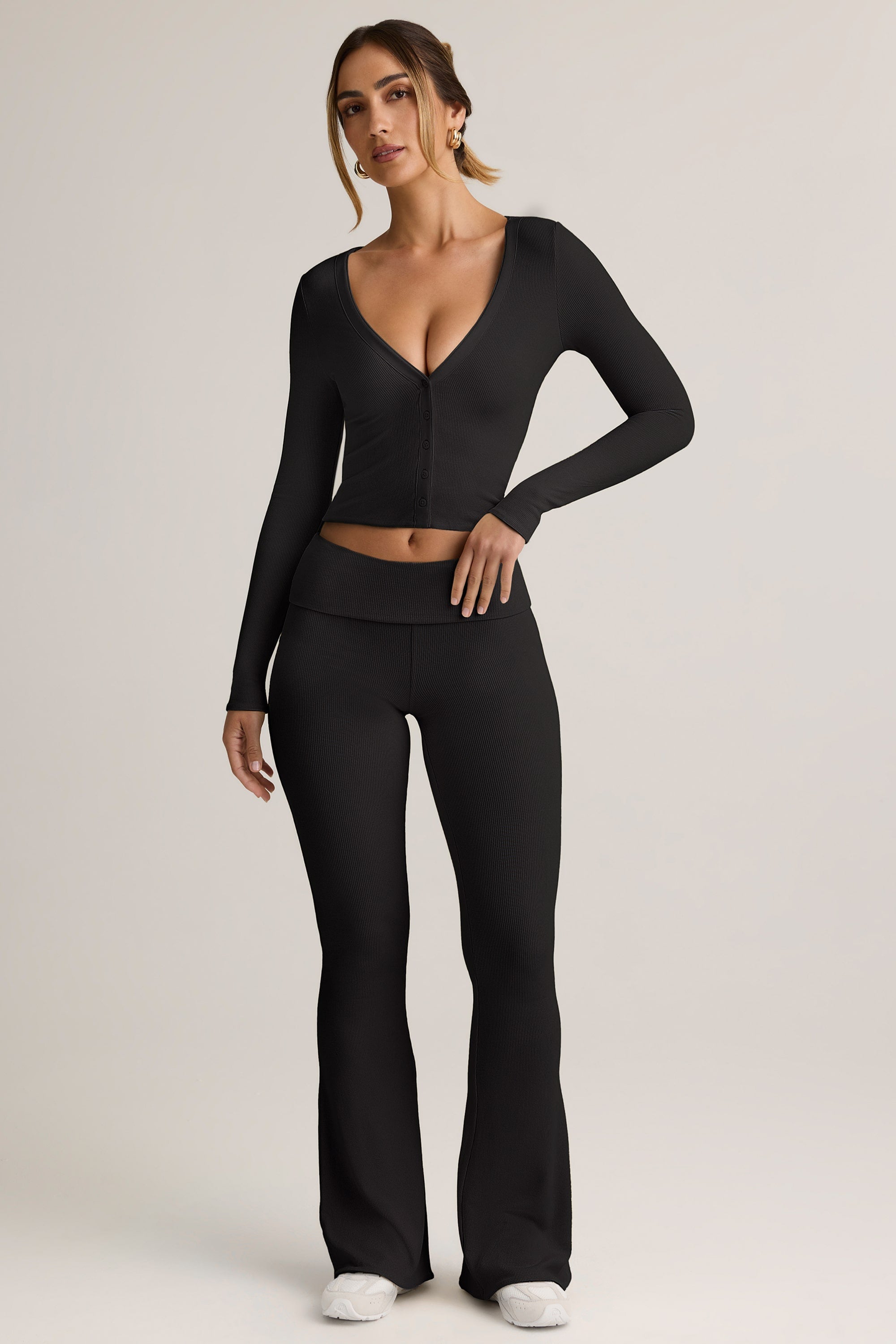 Modal Ribbed Foldover Flared Trousers in Black