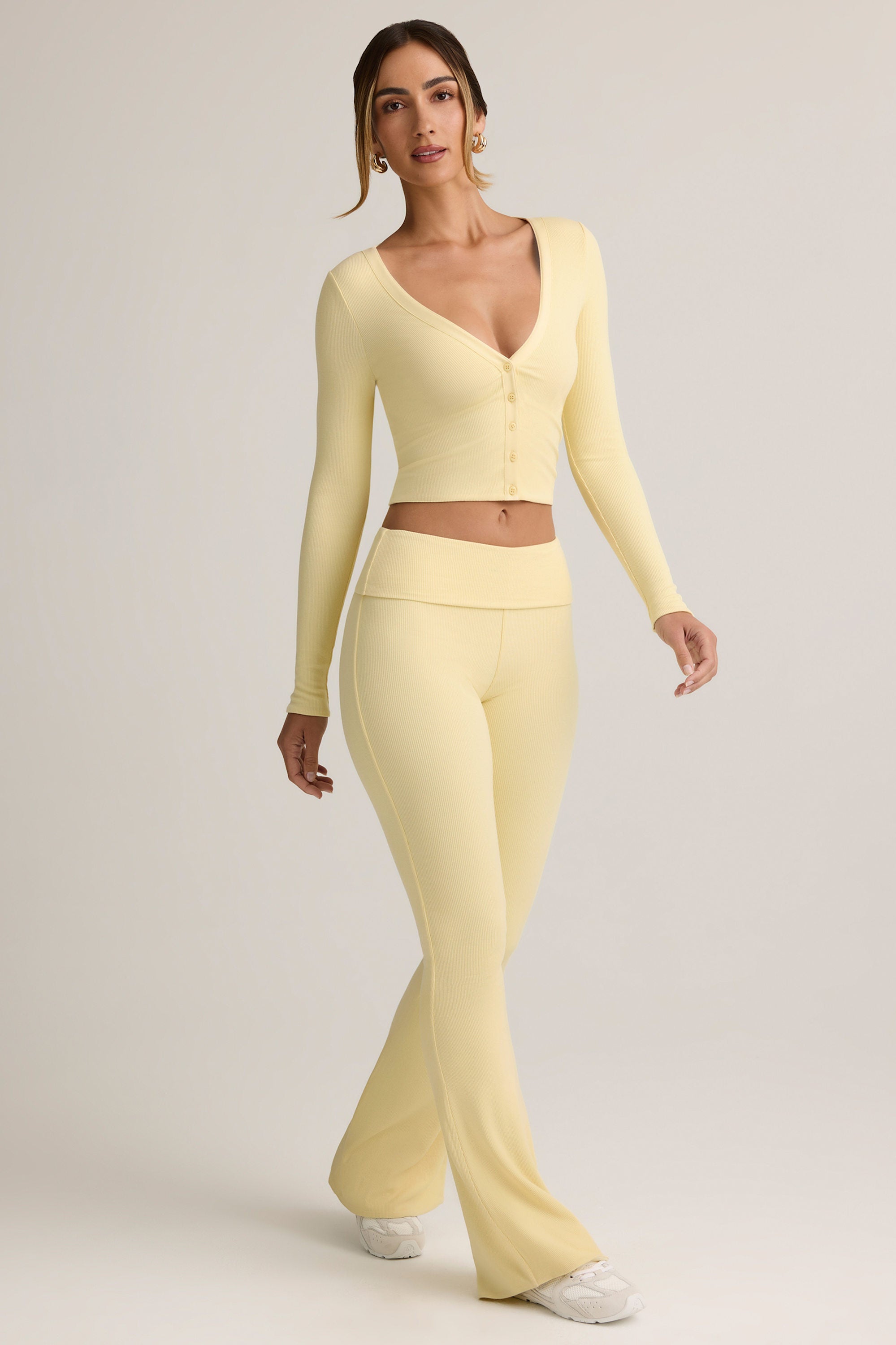 Modal Ribbed Foldover Flared Trousers in Buttercream Yellow