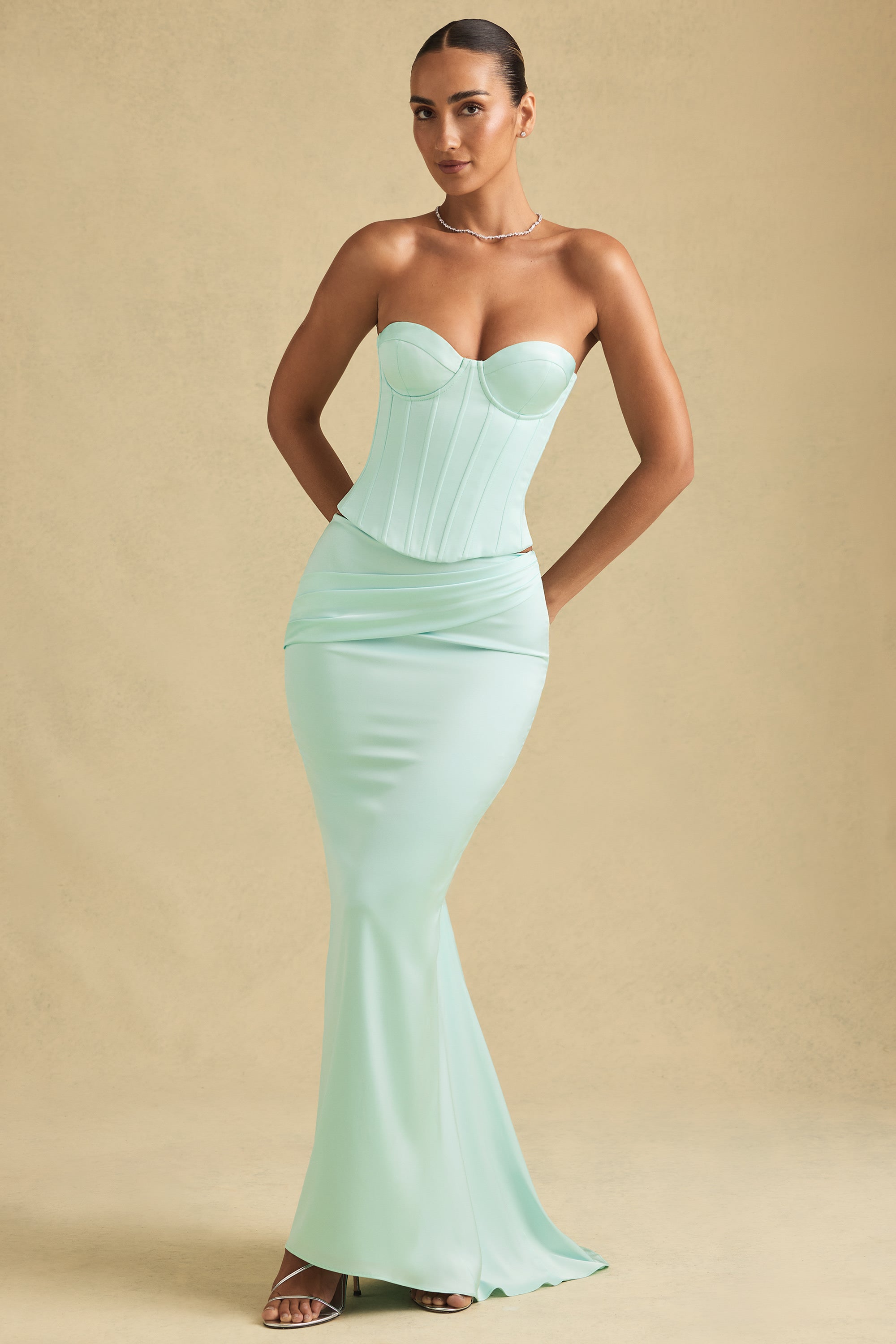 Draped Low-Rise Maxi Skirt in Mint