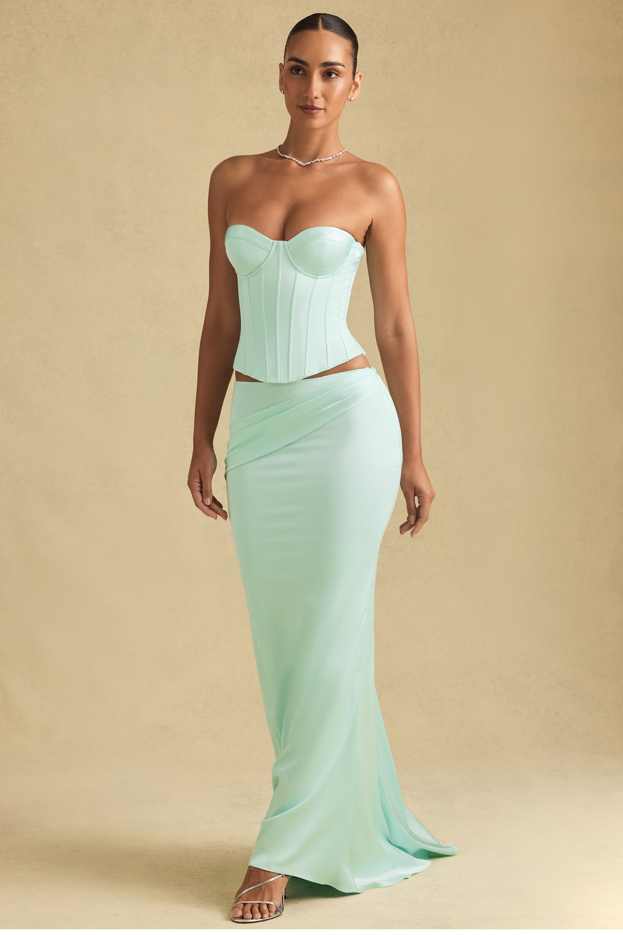 Draped Low-Rise Maxi Skirt in Mint