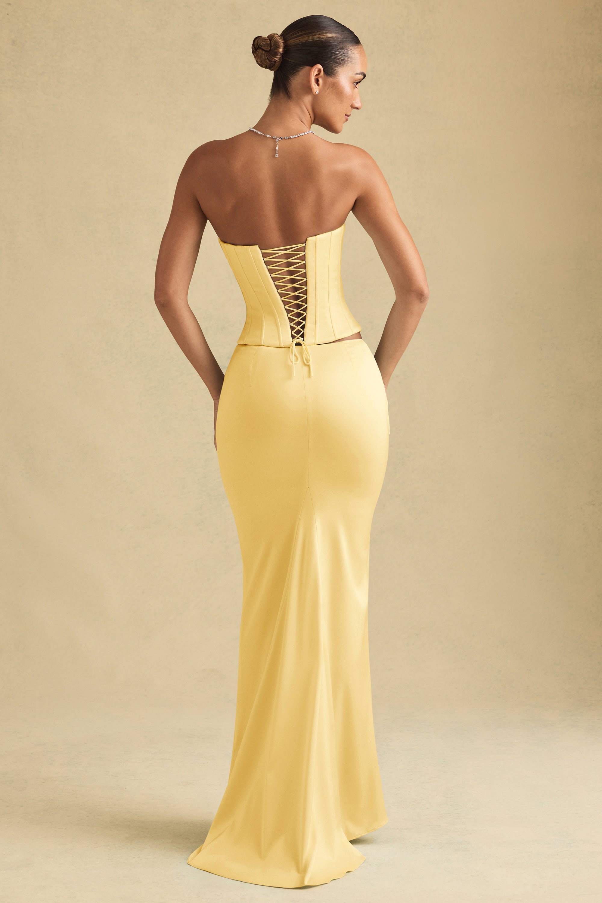 Draped Low-Rise Maxi Skirt in Pastel Yellow