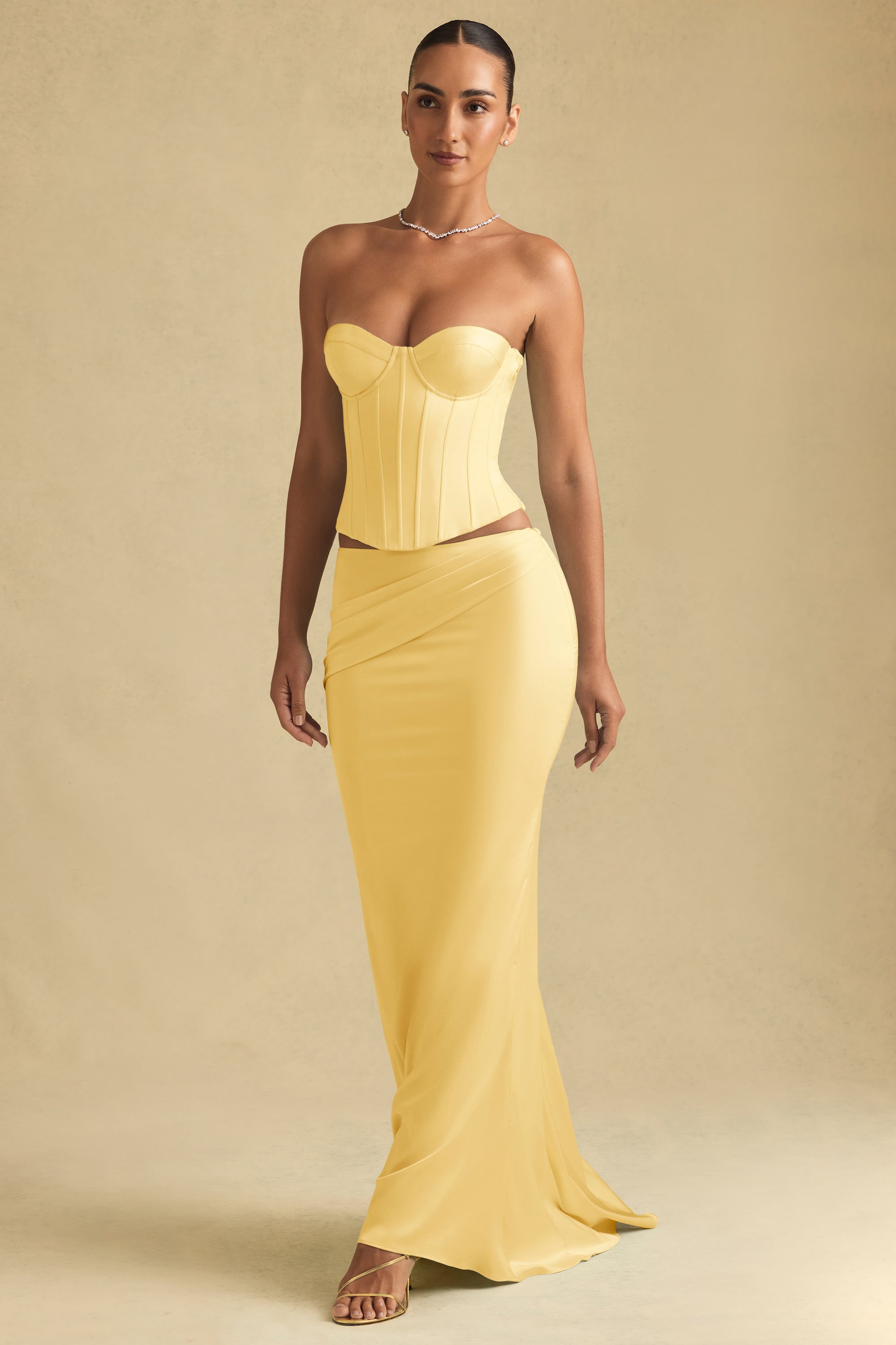 Draped Low-Rise Maxi Skirt in Pastel Yellow