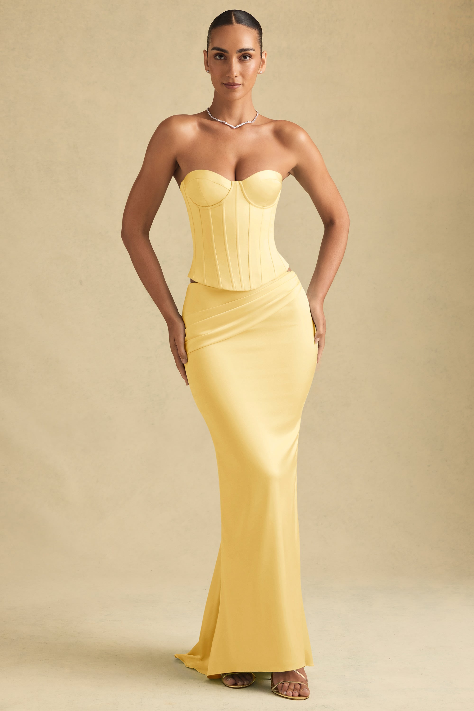 Draped Low-Rise Maxi Skirt in Pastel Yellow