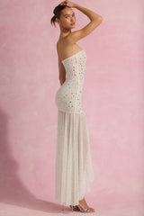 Semi-Sheer Embellished Asymmetric Maxi Dress in White