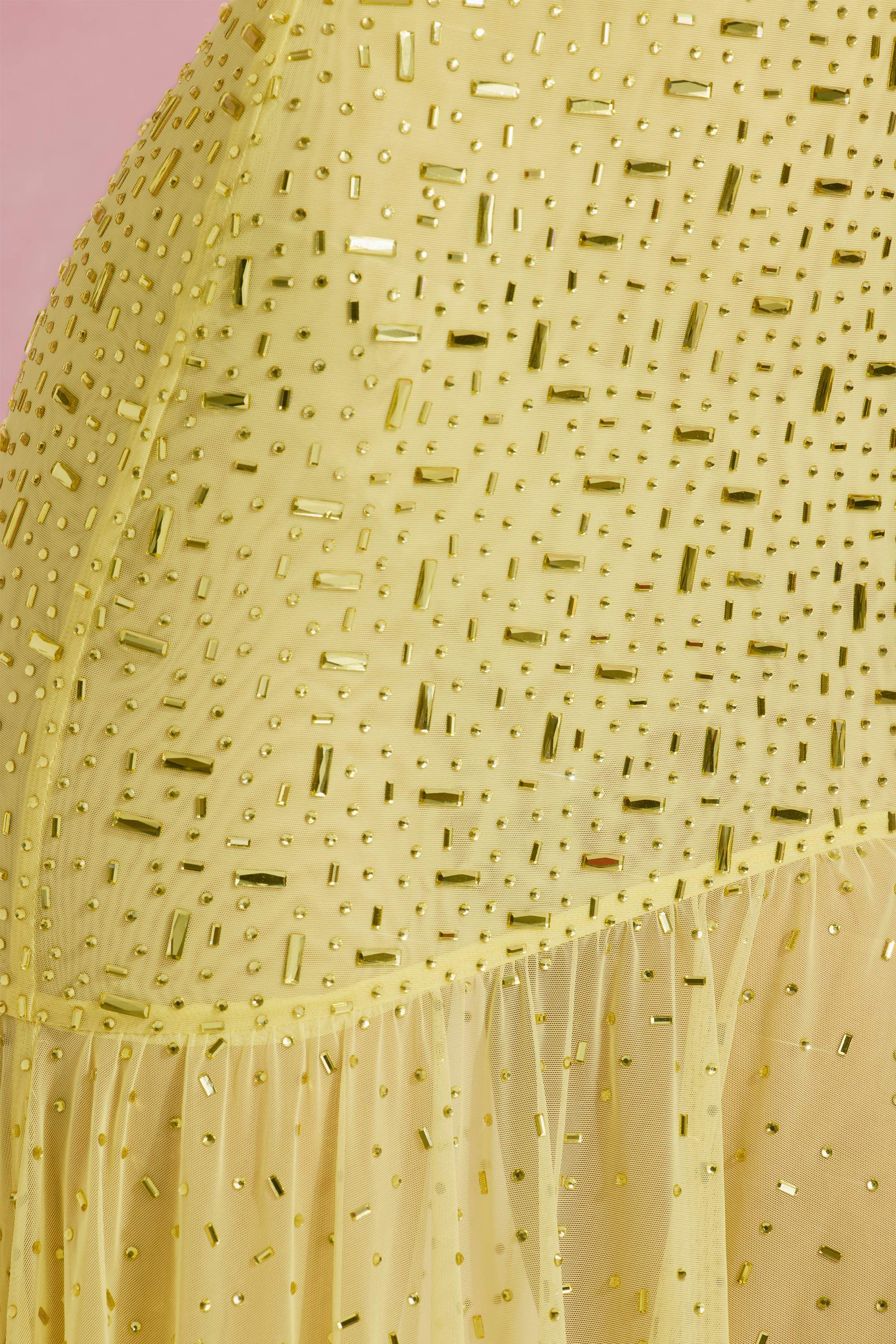 Semi-Sheer Embellished Asymmetric Maxi Dress in Yellow