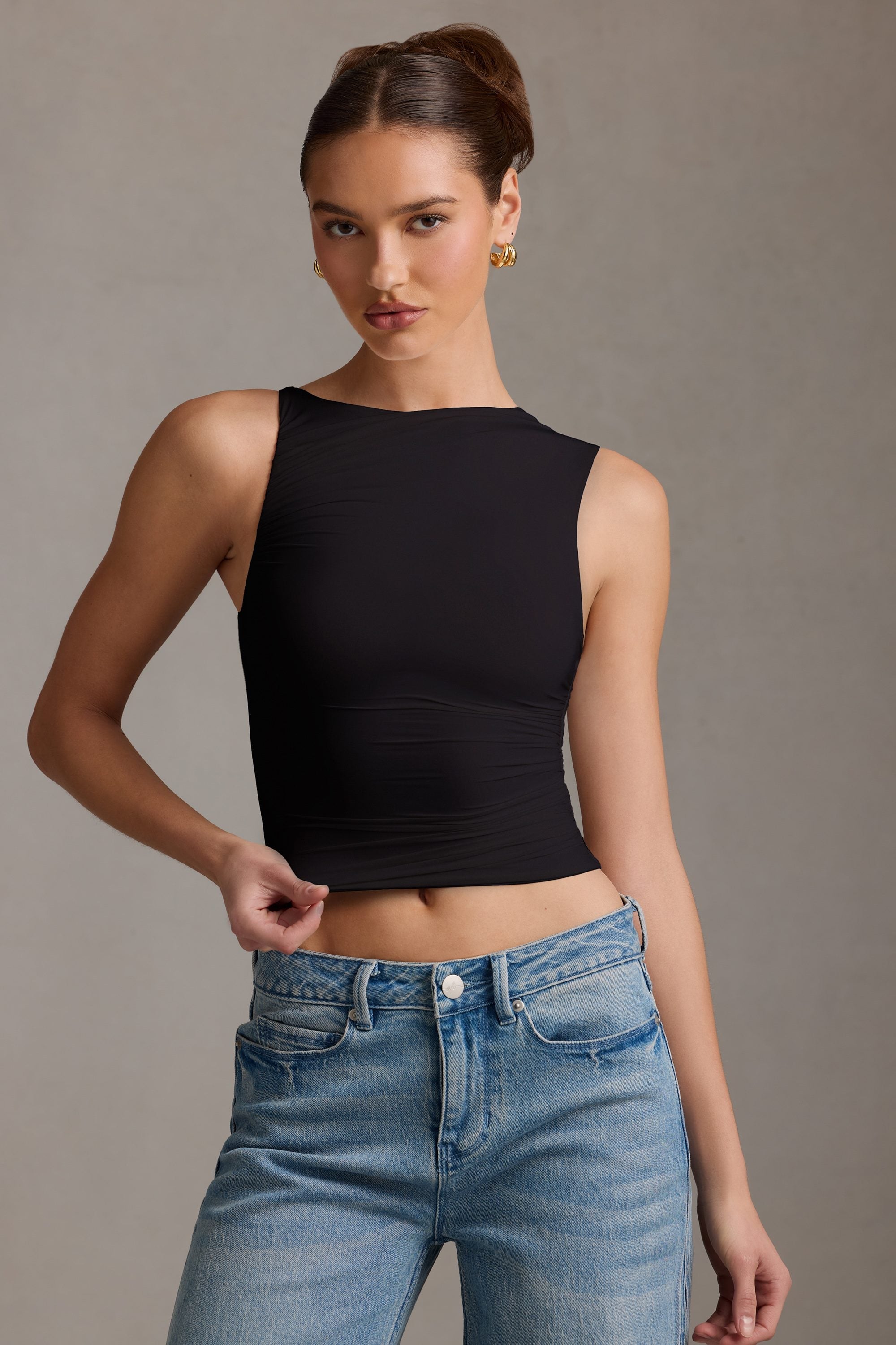 Asymmetric Ruched Tank Top in Black