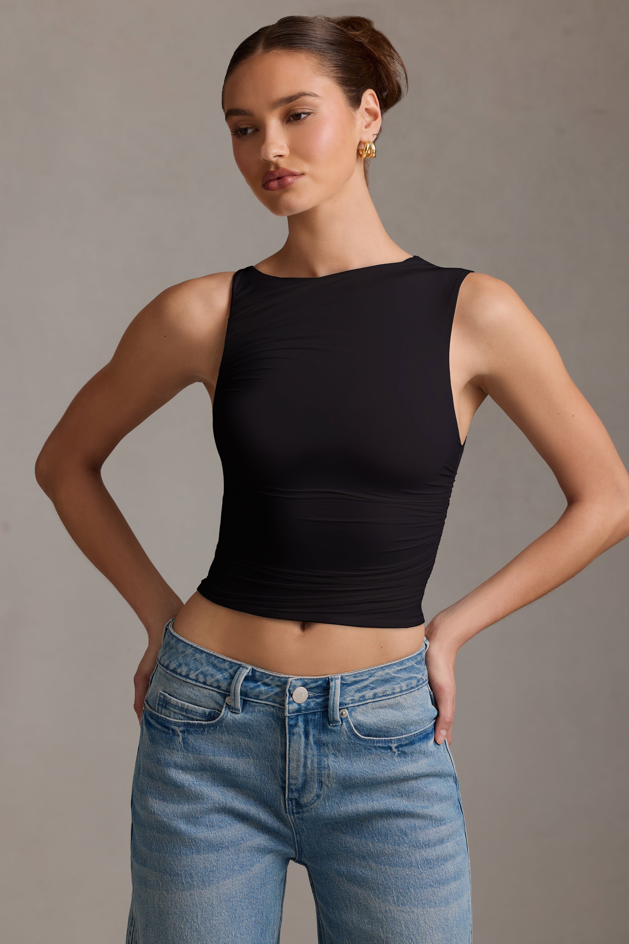 Asymmetric Ruched Tank Top in Black