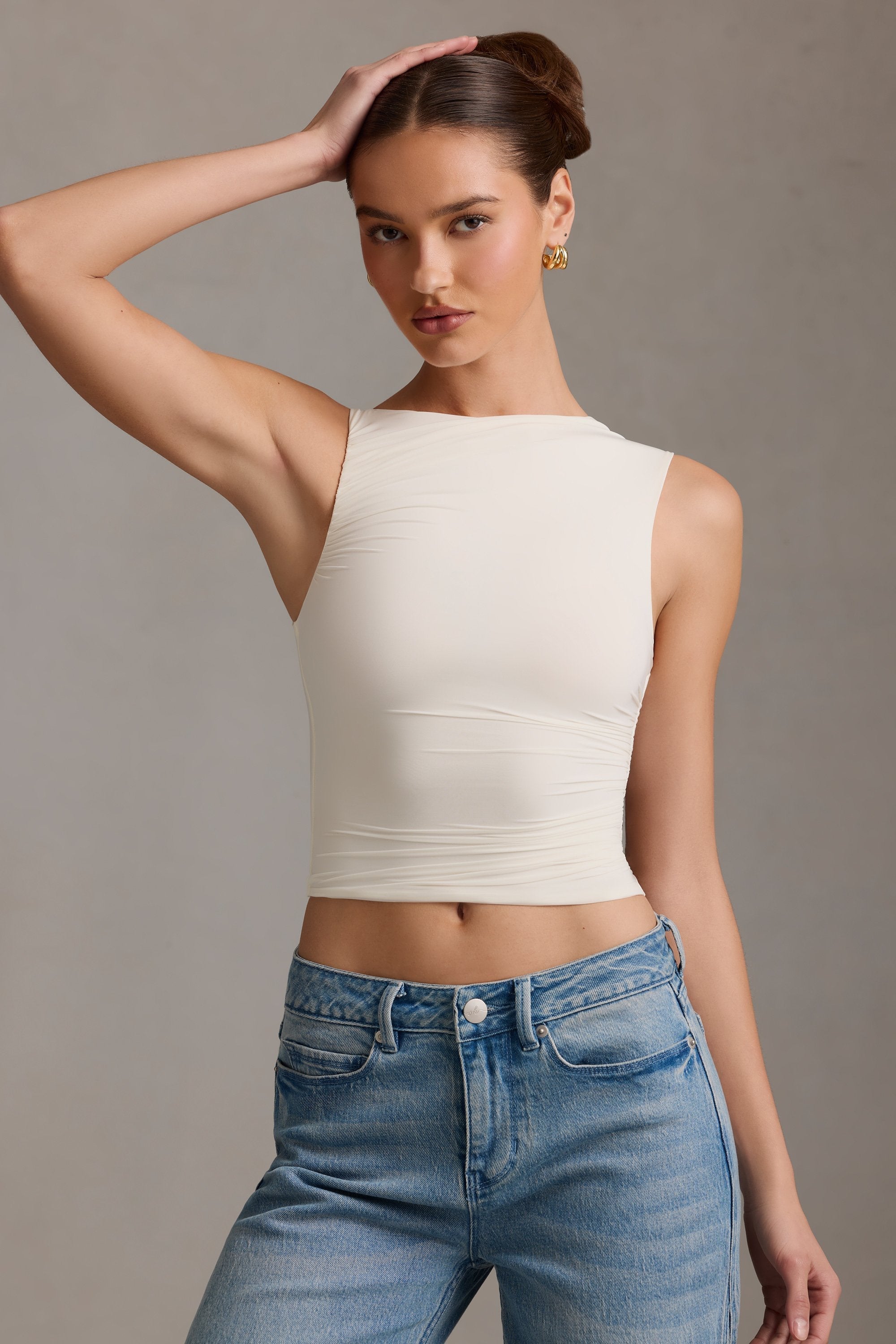 Asymmetric Ruched Tank Top in Vanilla