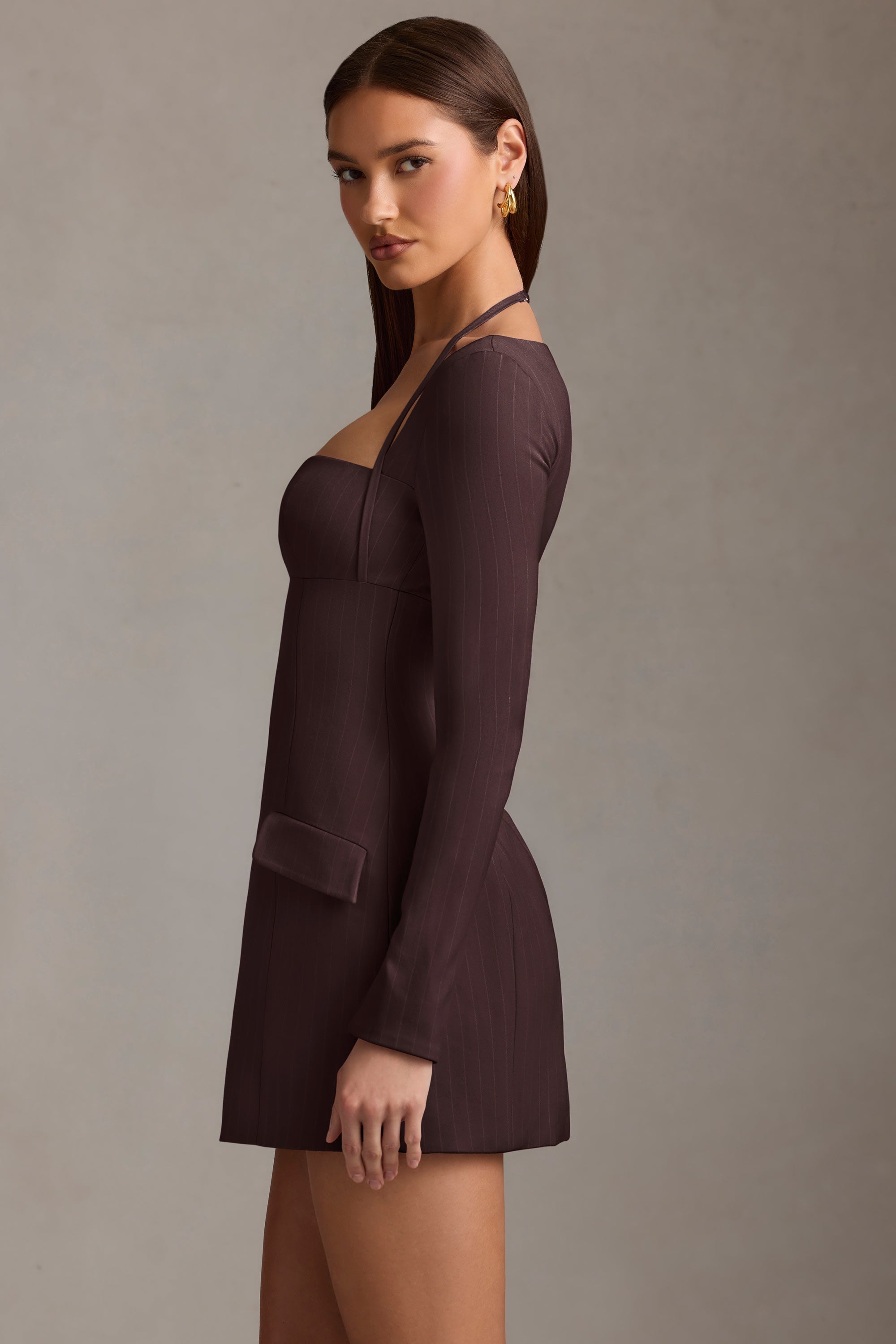 Pinstripe Structured A-Line Mini Dress in Chocolate Brown