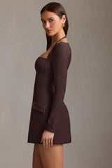 Pinstripe Structured A-Line Mini Dress in Chocolate Brown