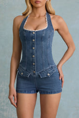 Button-Down Halterneck Playsuit in Mid-Blue