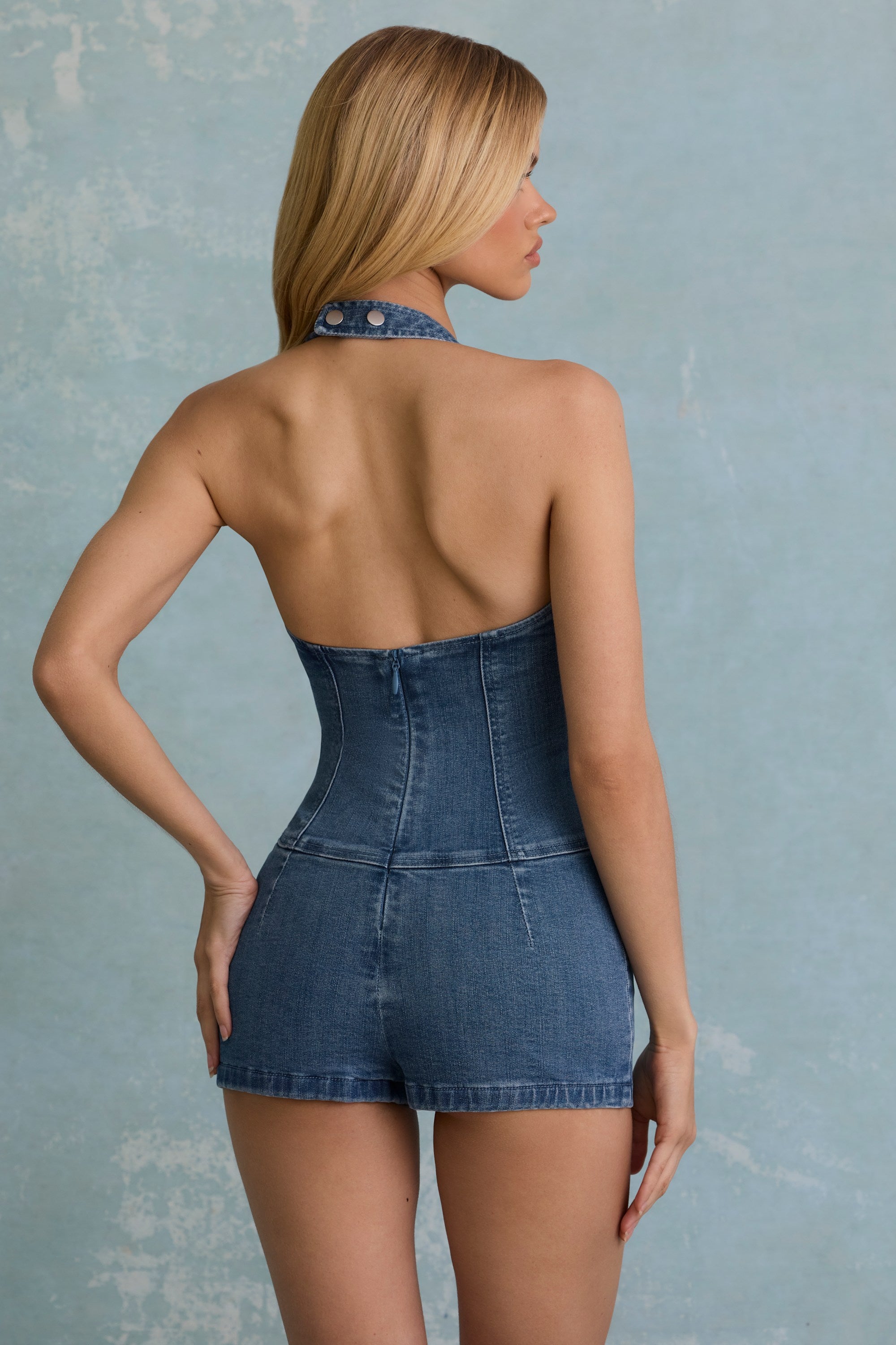 Button-Down Halterneck Playsuit in Mid-Blue