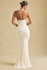 Ruched Backless Halterneck Gown in Ivory