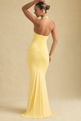Ruched Backless Halterneck Gown in Pastel Yellow