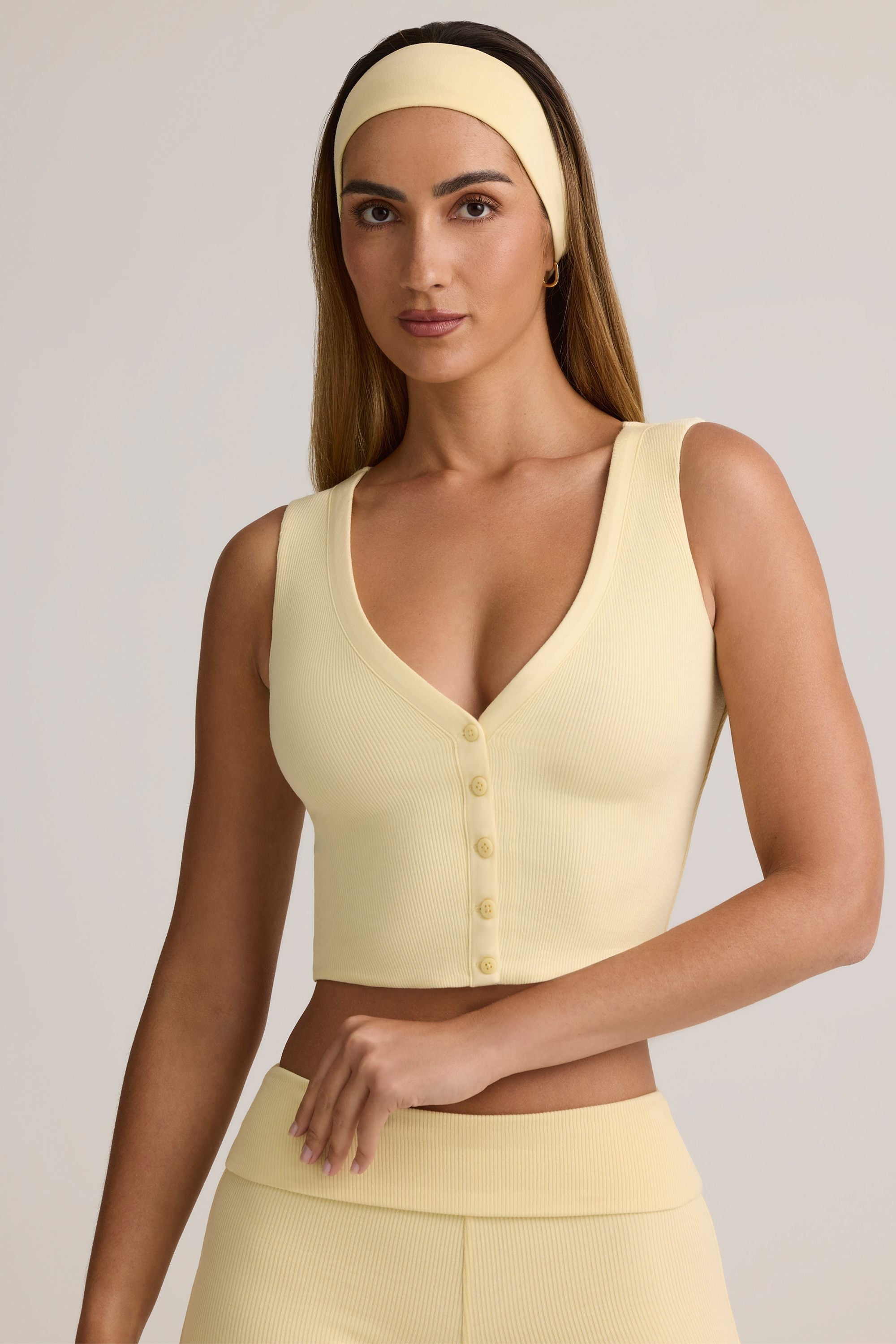 Modal Ribbed Button-Up Vest Top in Buttercream Yellow