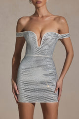 Embellished Off-Shoulder Mini Dress in White