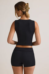 Modal Ribbed Mid-Rise Foldover Shorts in Black