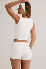 Modal Ribbed Mid-Rise Foldover Shorts in White