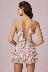 Ruffled Lace-Up A-Line Mini Dress in Primrose Floral Print