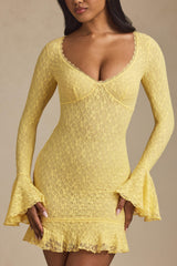 Long-Sleeve Ruffled Lace Mini Dress in Pastel Yellow
