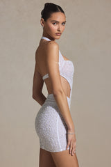 Embellished Cut-Out Halterneck Mini Dress in White