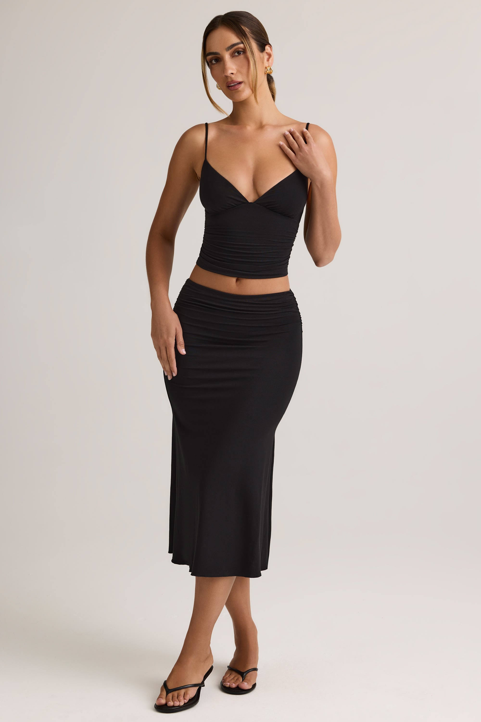 Modal Ruched Mid-Rise Midaxi Skirt in Black