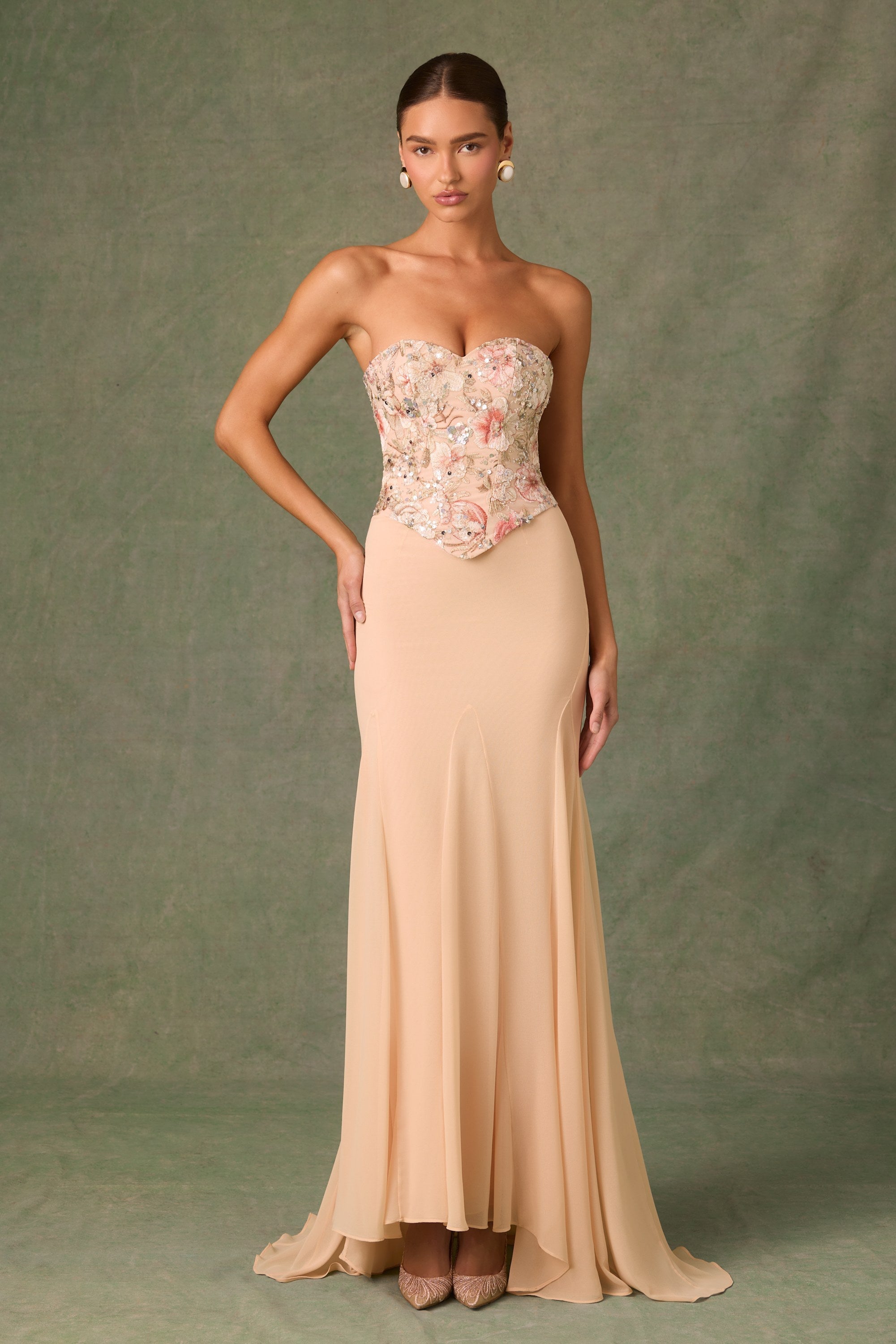 Embellished Corset Fishtail Gown in Floral Beige