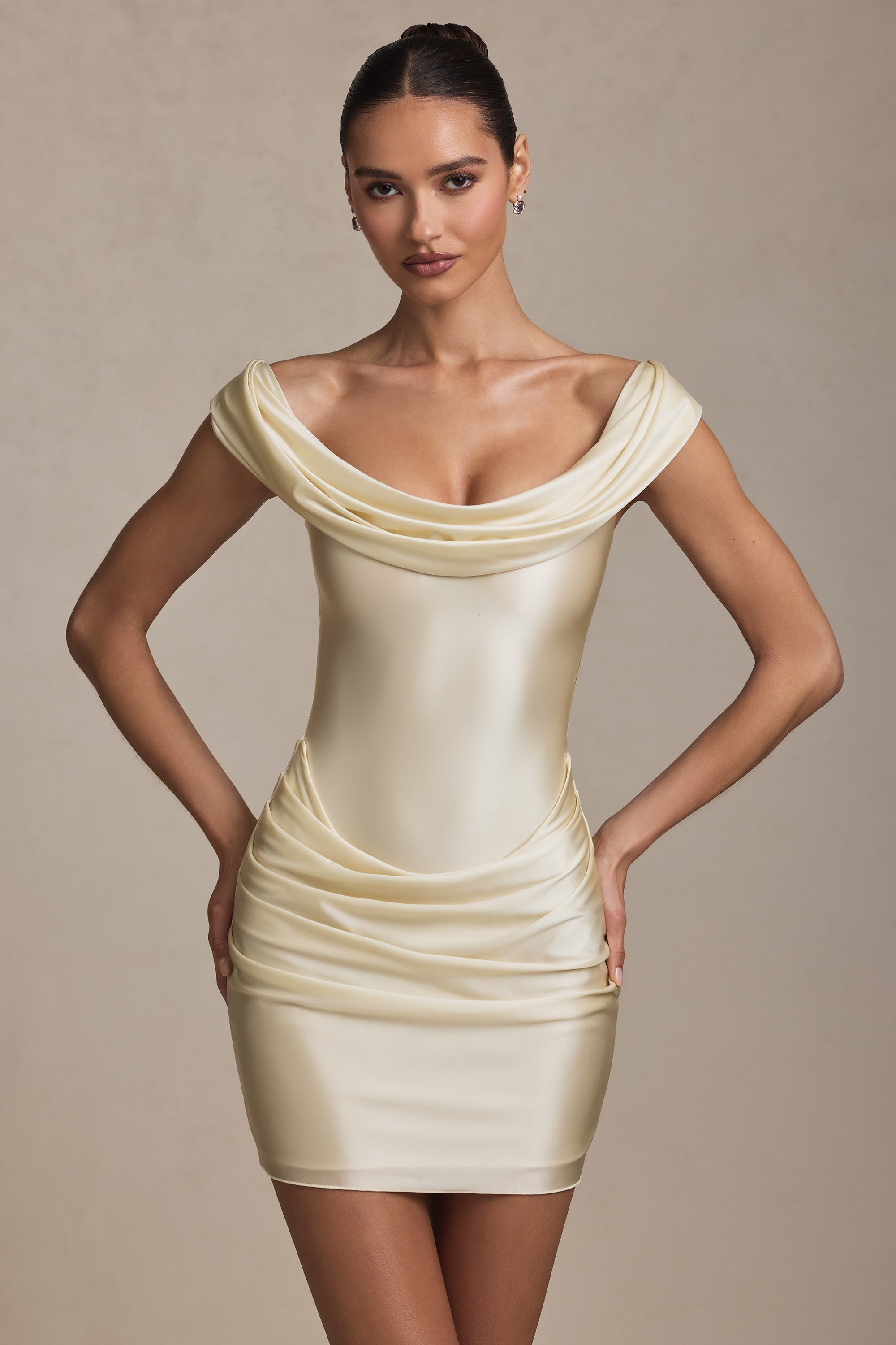 Off-Shoulder Draped Mini Dress in Ivory