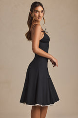 Bow-Detail Lace-Trim A-Line Midi Dress in Black