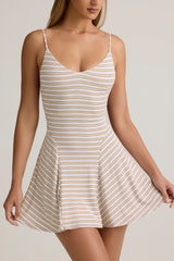 Modal Ribbed Tie-Back A-Line Mini Dress in Pink & Yellow Stripe