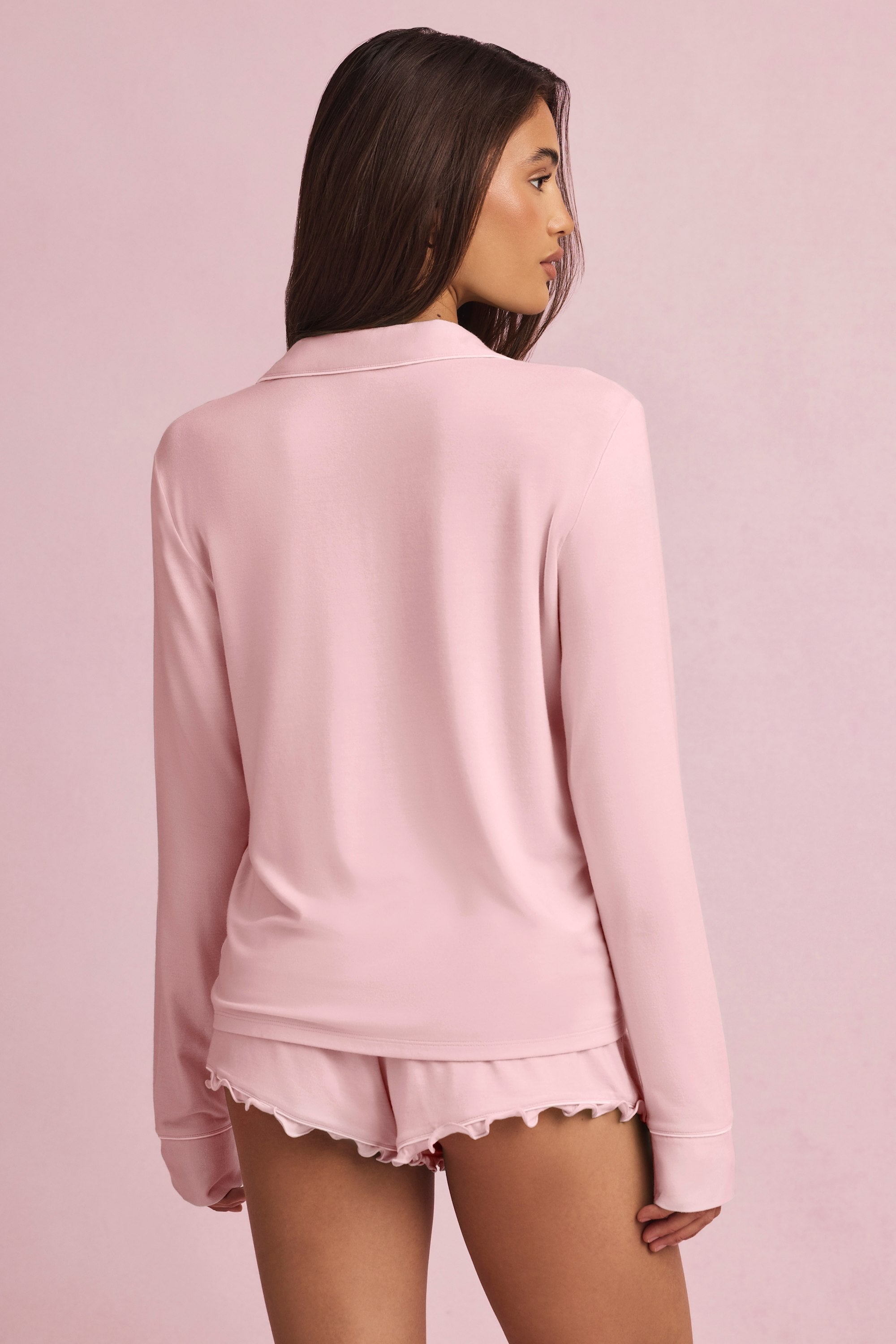 Modal Ruffle-Trim Pyjama Shorts in Baby Pink