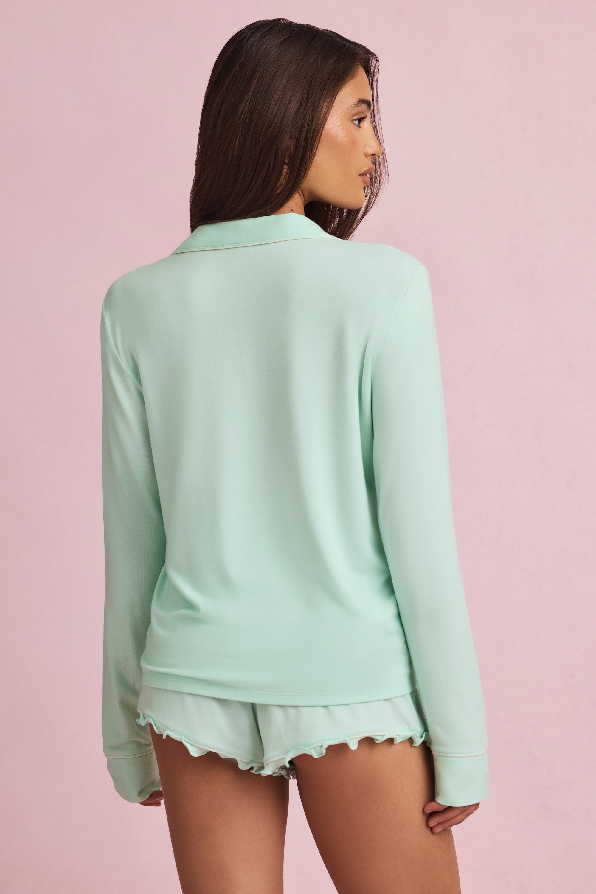 Modal Ruffle-Trim Pyjama Shorts in Mint