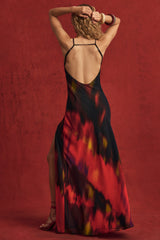 Open-Back Maxi Dress in Red Blurred Print