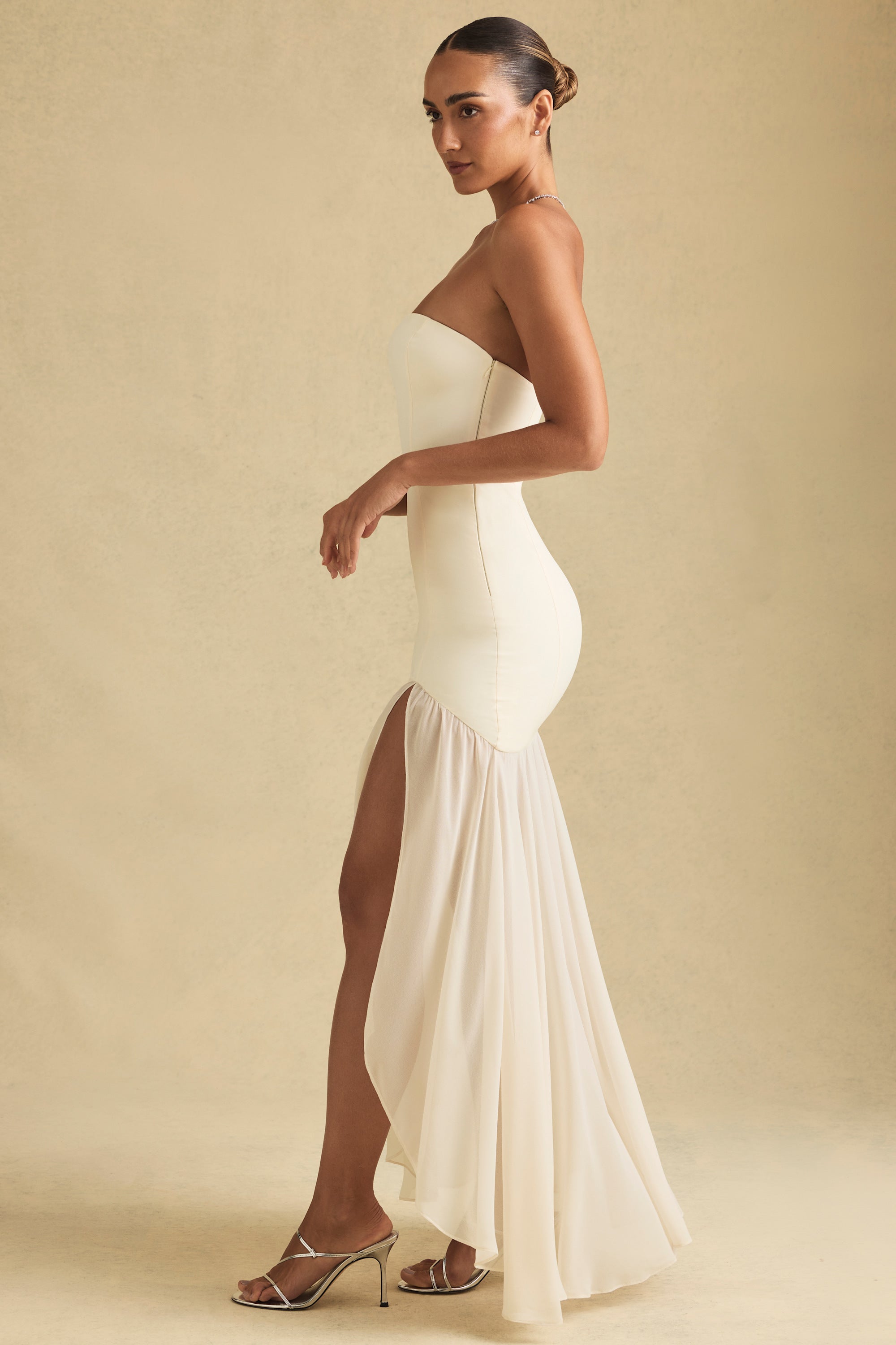 Asymmetric Strapless Fishtail Maxi Dress in Ivory
