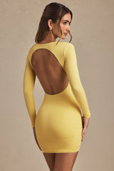 Twist-Front Ruched Backless Mini Dress in Pastel Yellow