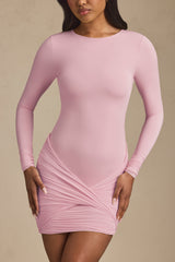 Twist-Front Ruched Backless Mini Dress in Soft Pink