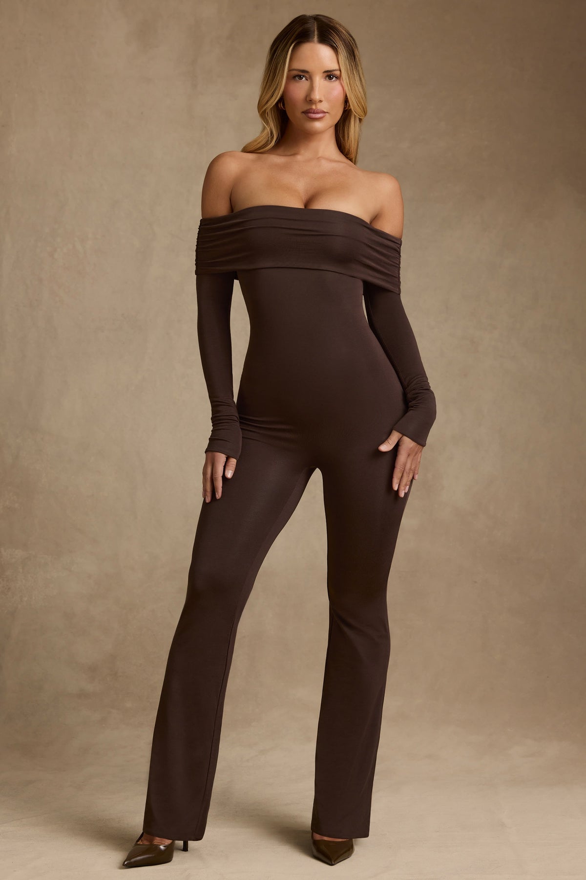 Modal Off-Shoulder Jumpsuit in Chocolate Brown