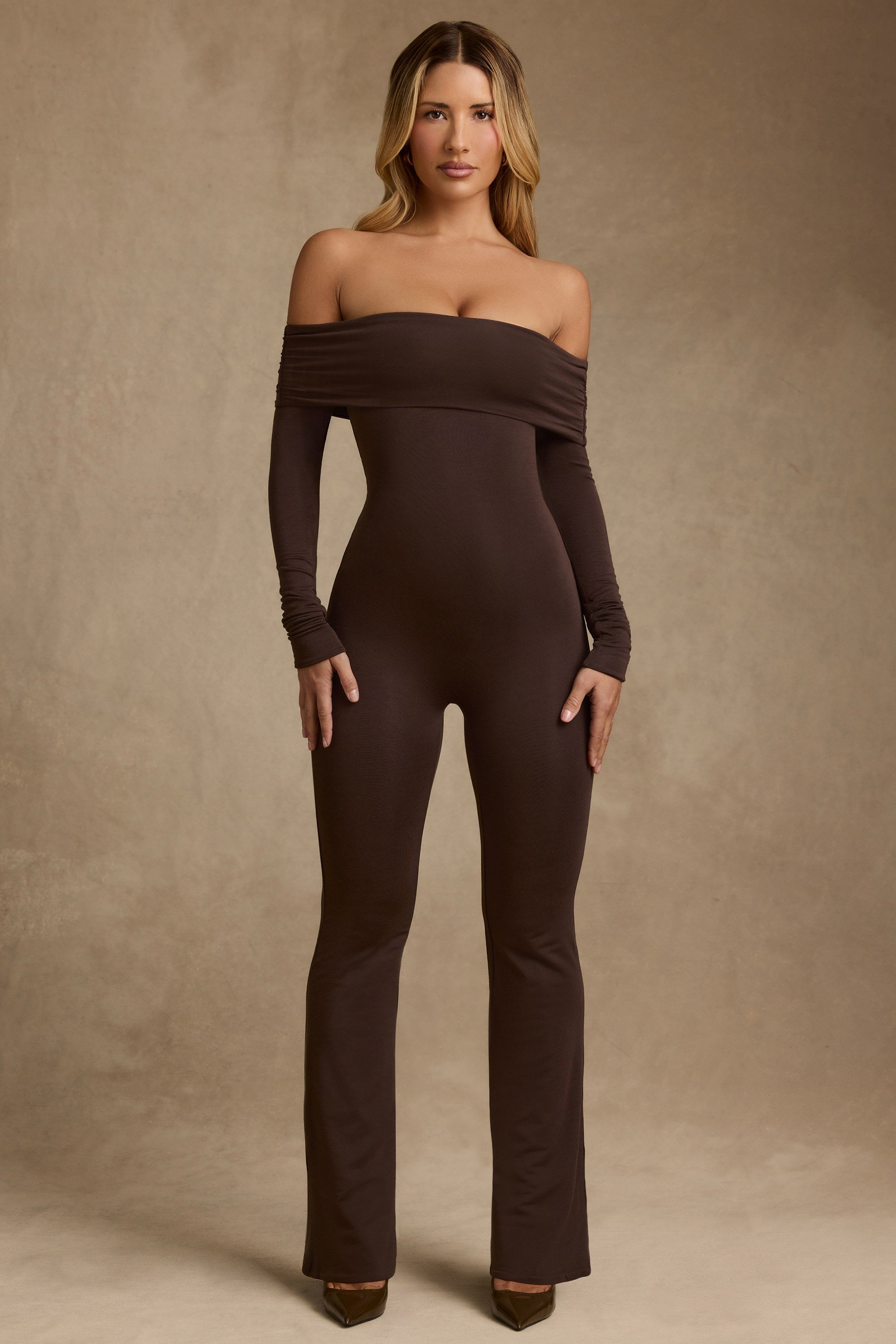 Modal Off-Shoulder Jumpsuit in Chocolate Brown