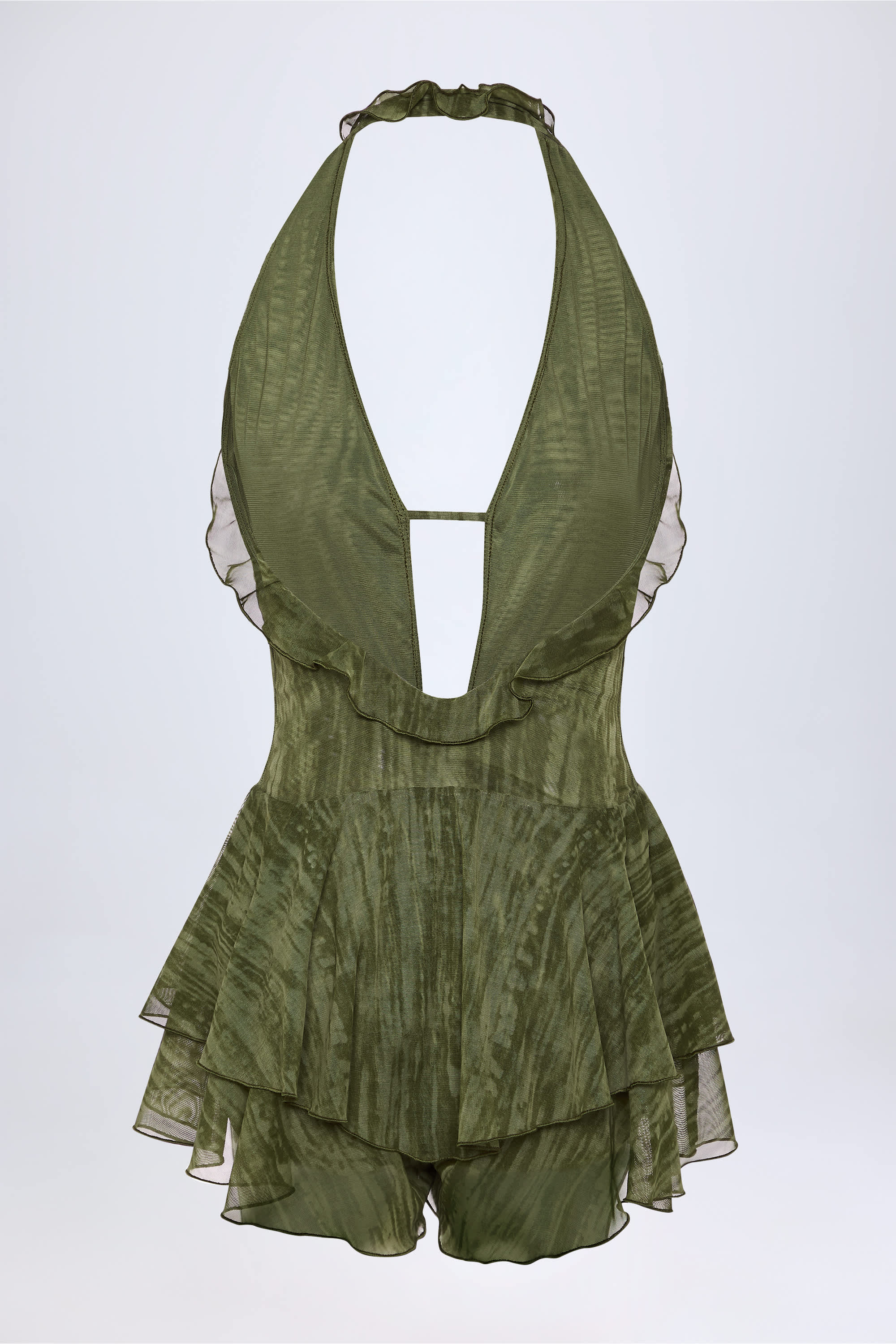 Ruffled Plunge Halterneck Playsuit in Green Print