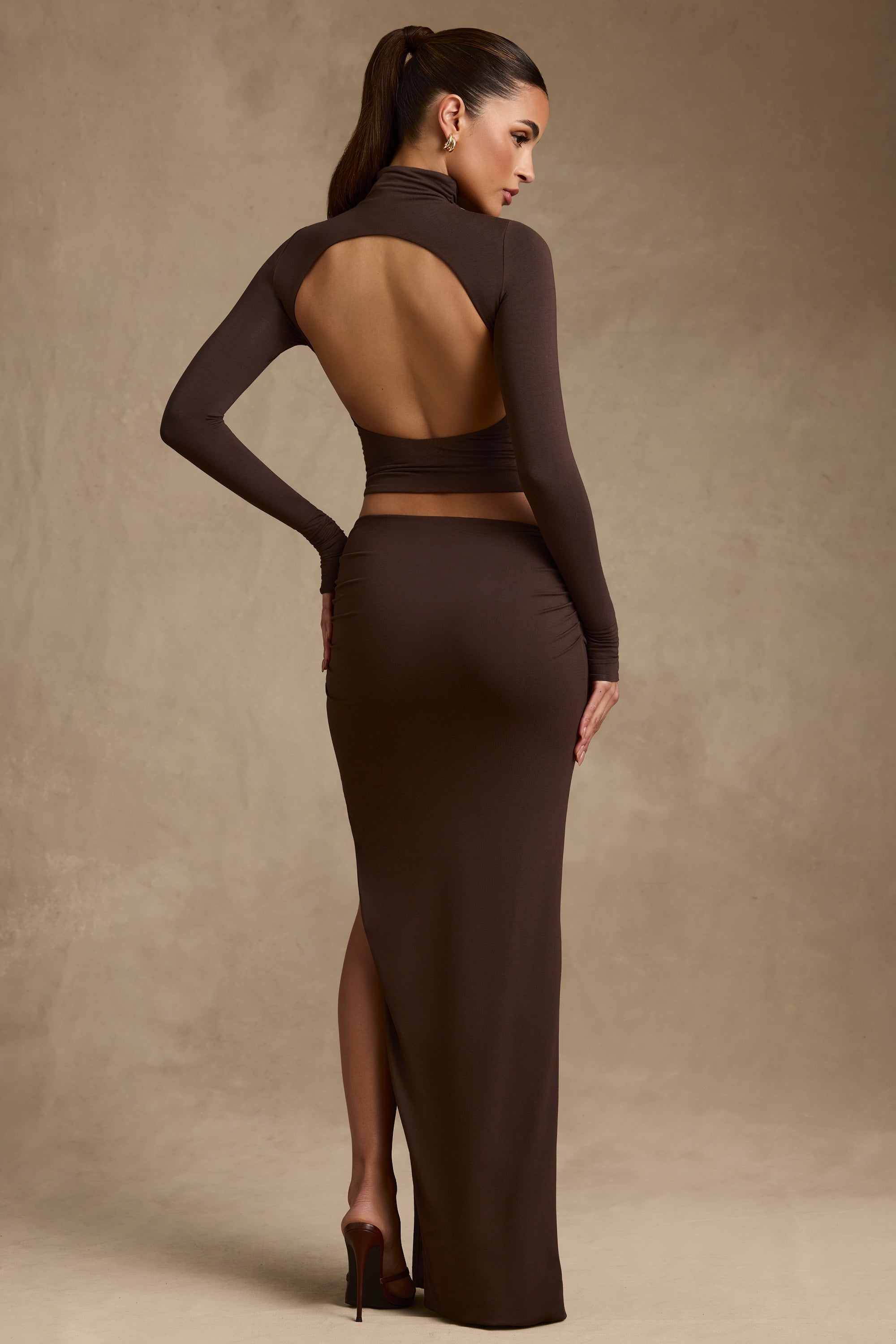 Modal Asymmetric-Waist Maxi Skirt in Chocolate Brown