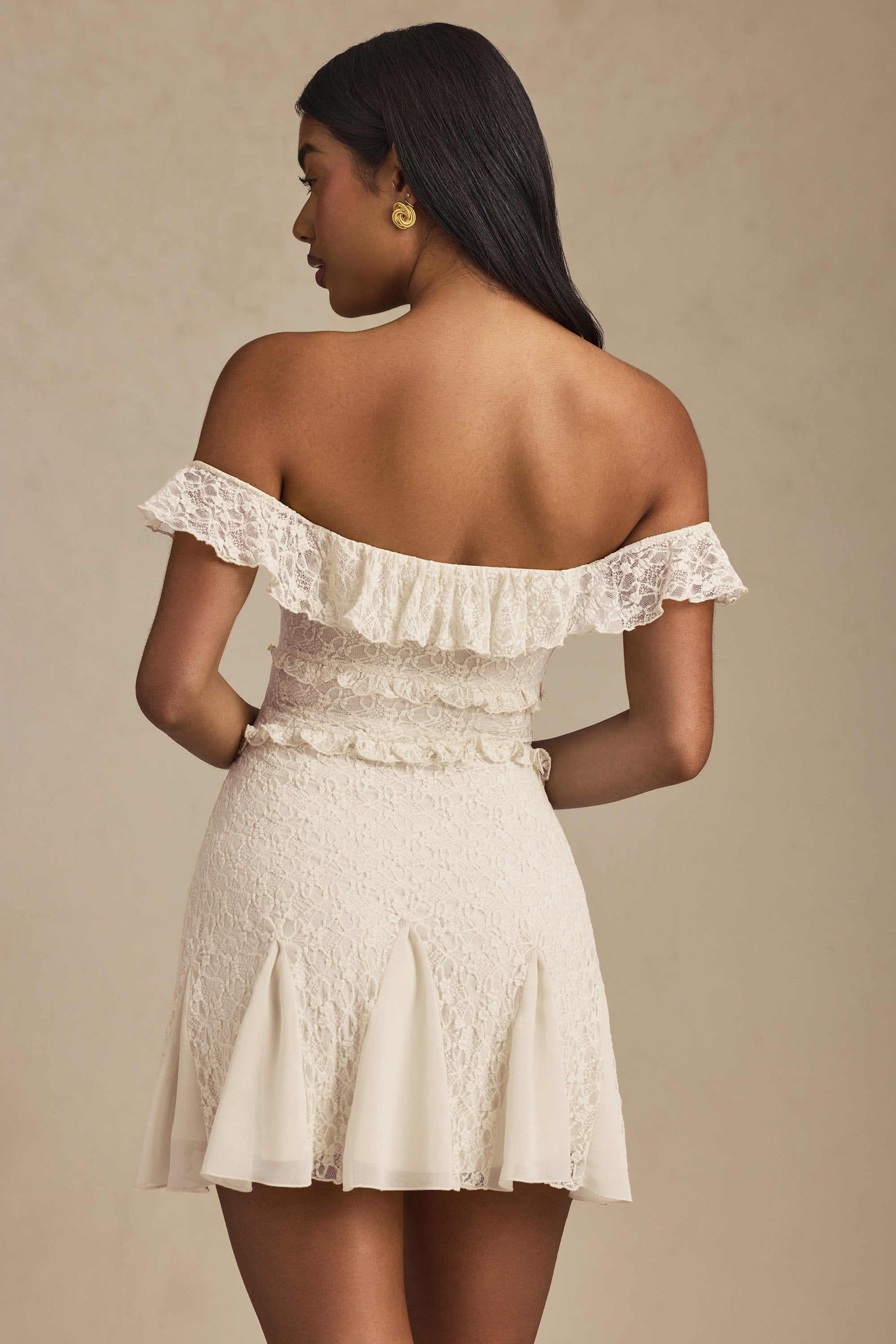 Off-Shoulder Lace A-Line Mini Dress in Ivory