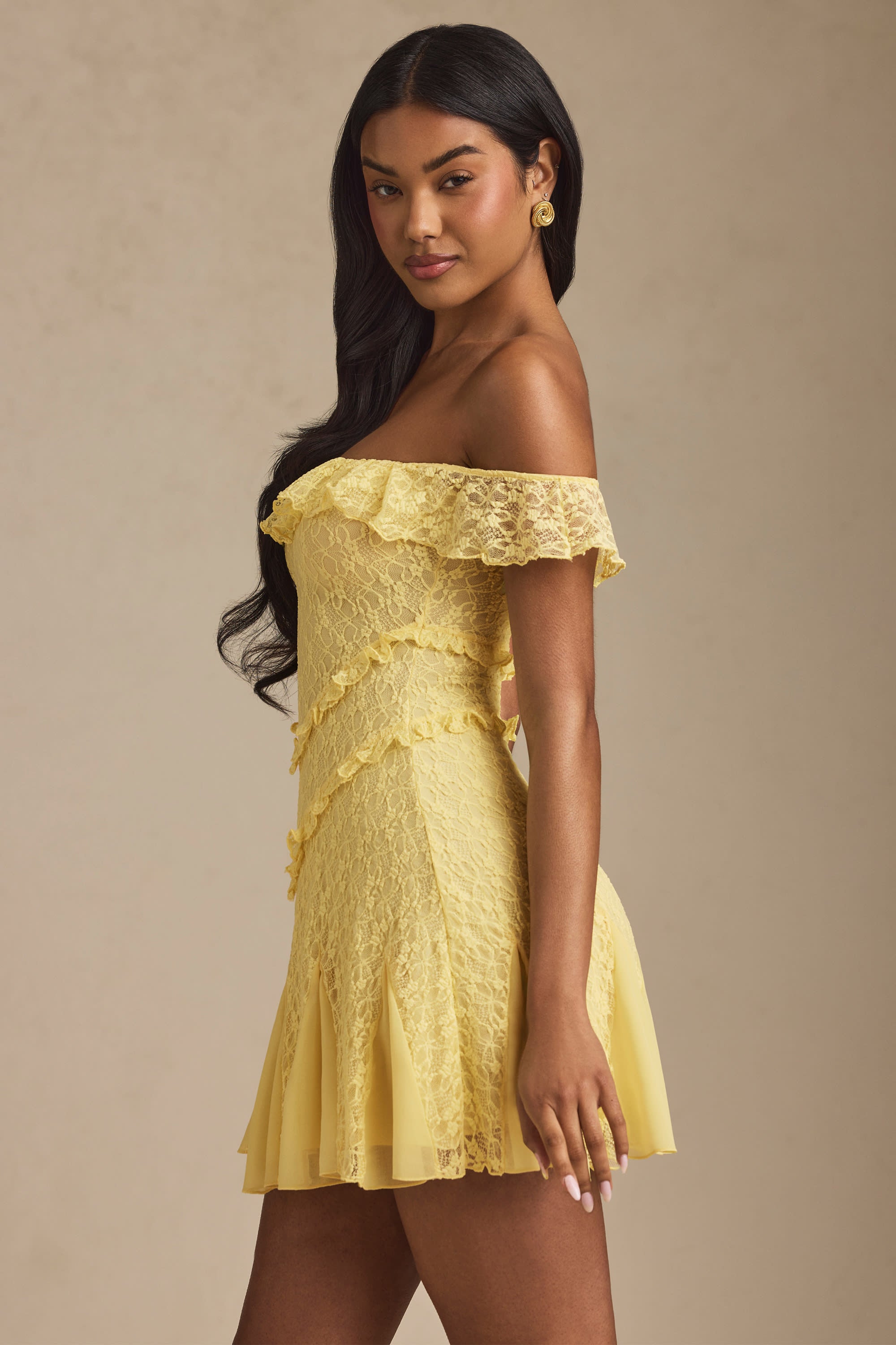 Off-Shoulder Lace A-Line Mini Dress in Pastel Yellow
