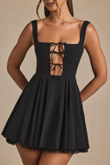 Tie-Detail A-Line Micro Mini Dress in Black