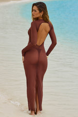 Sheer Open-Back Maxi Dress in Chocolate Brown