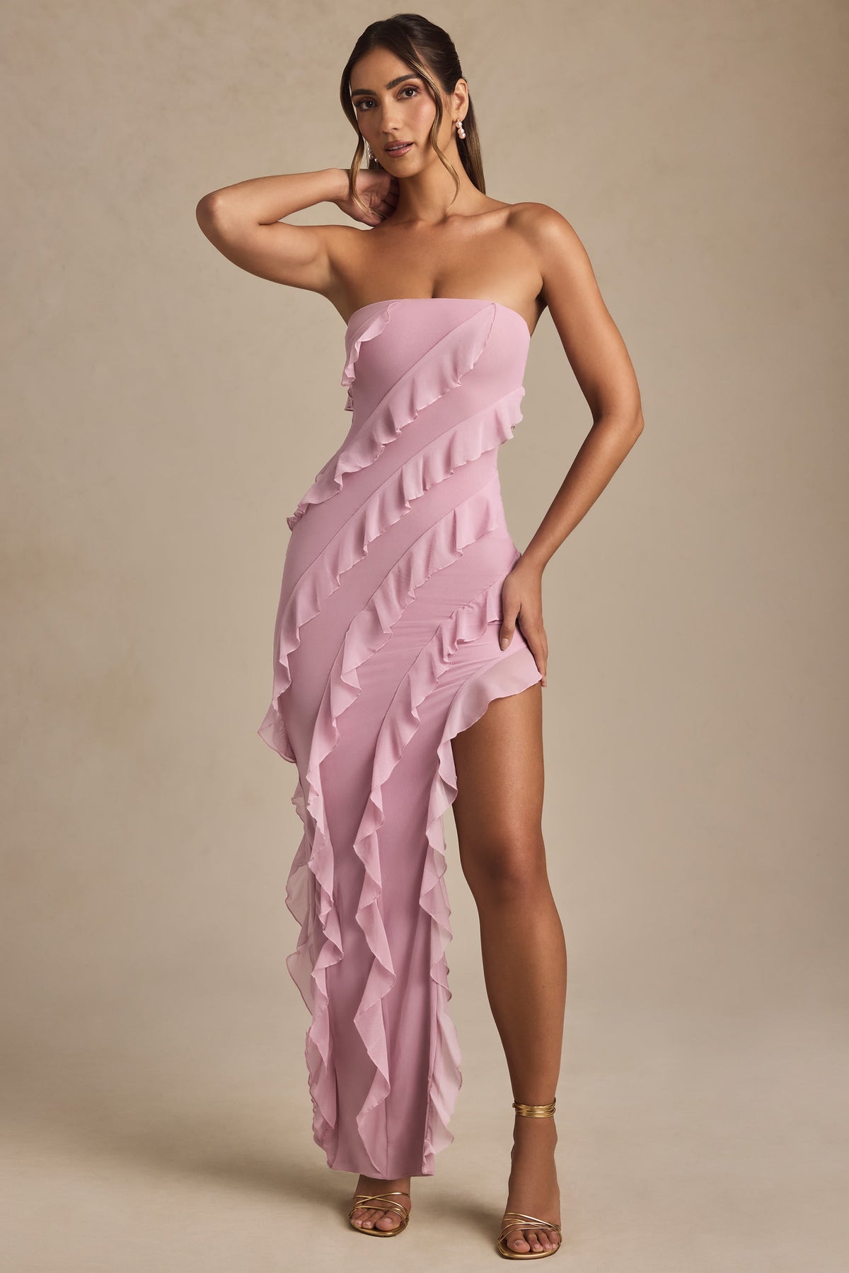 Bandeau Ruffle Detail Maxi Dress in Dusty Pink
