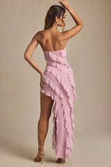 Bandeau Ruffle Detail Maxi Dress in Dusty Pink
