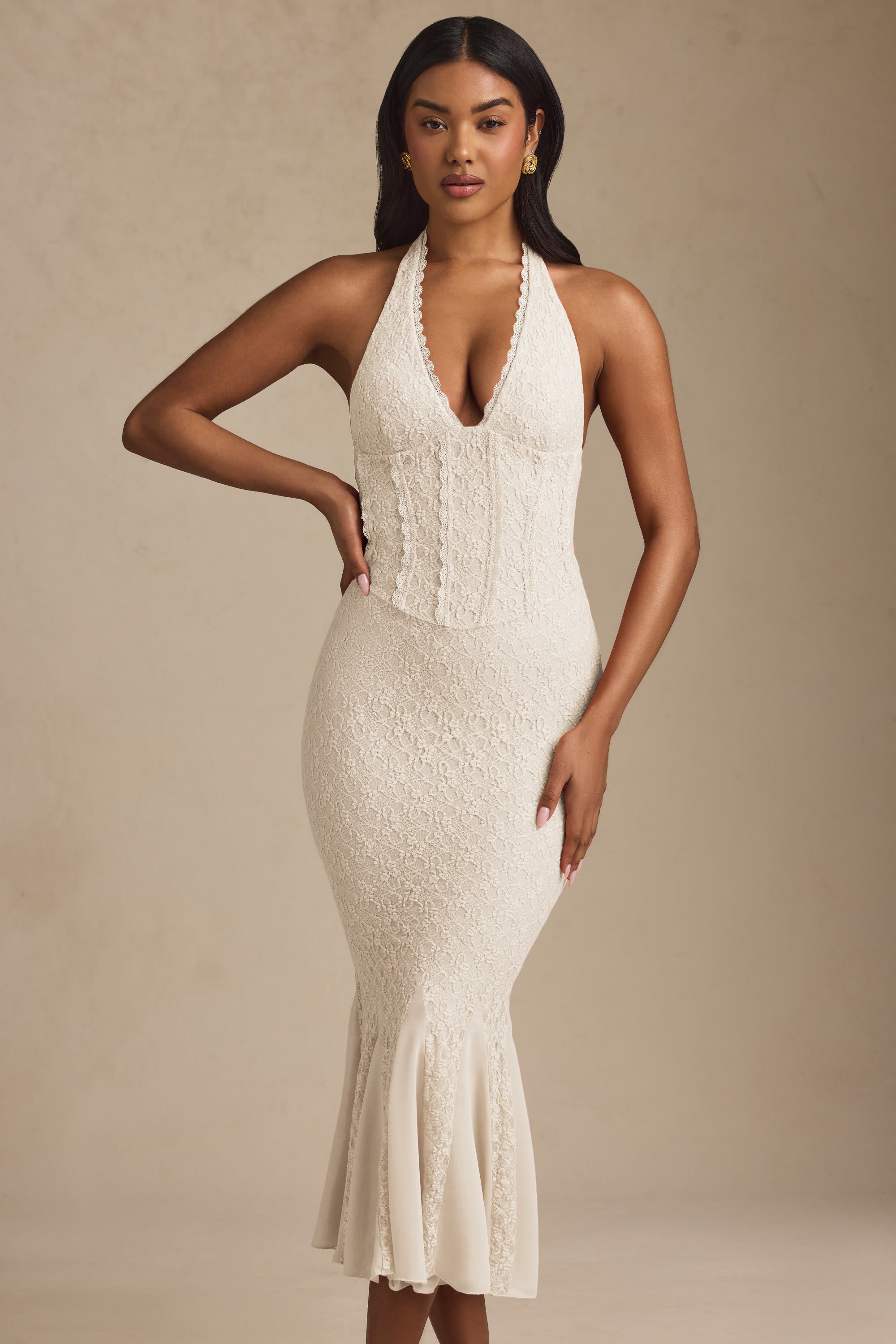 Halterneck Corset Lace Midaxi Dress in Ivory