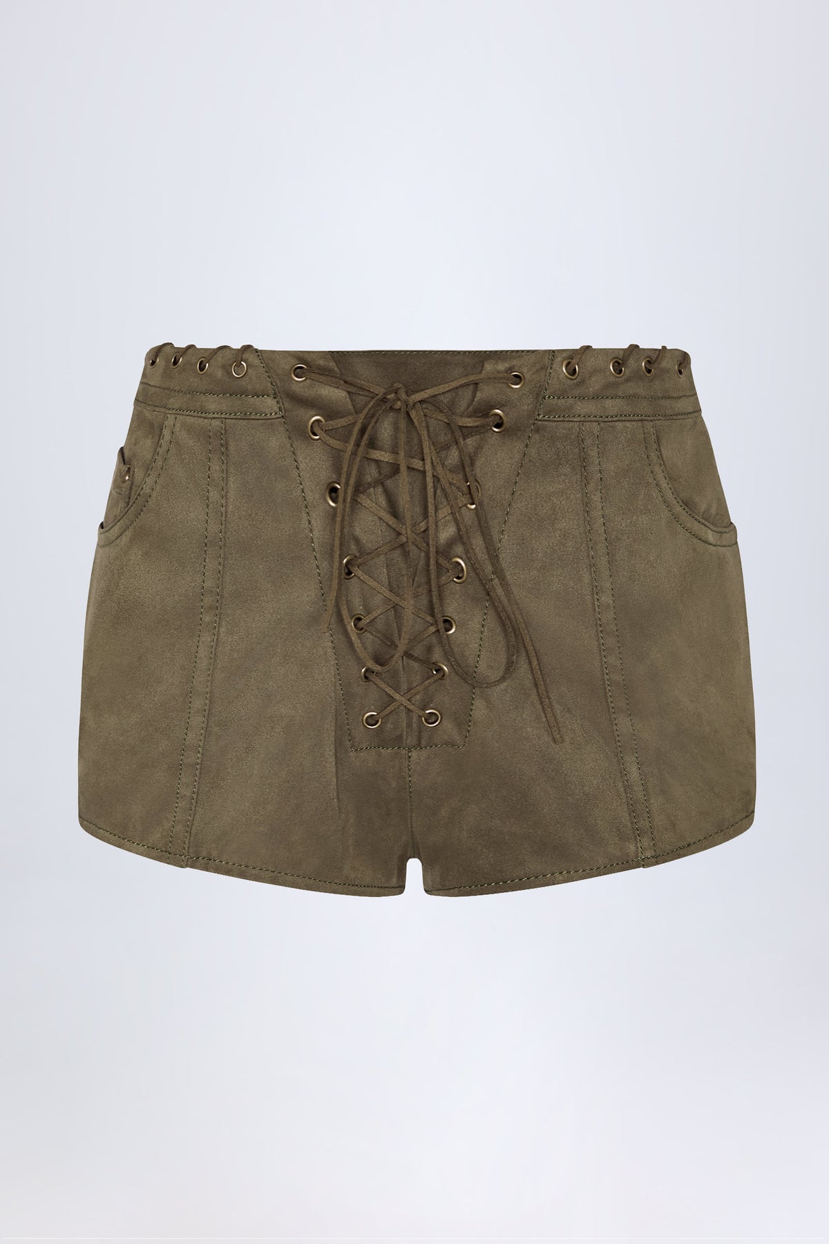 Lace-Up Mid-Rise Shorts in Dark Khaki
